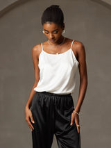 [Hvit] SilkSilky-NO 19Momme Spaghetti Stropp Dyp Rund Halsutringning Camisole Topp 005