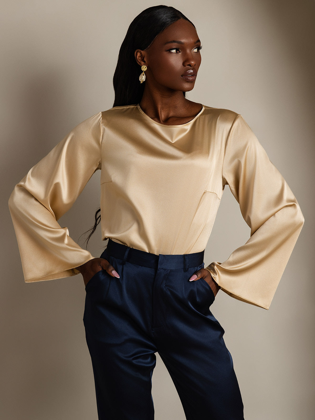 [Champagne] SilkSilky-NO 19Momme Silke Womens T-Shirt 003