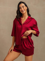 [Vin] SilkSilky-NO 19Momme Halv erme Notchkrage Pyjamas for Kvinner 006