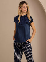 [Mørke blå] SilkSilky-NO Short Sleeve Blouse 004