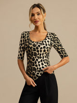 [Leopard] SilkSilky-NO Halv erme Dyp Rund Halsutringning T-skjorte for Kvinner 001