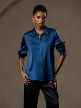 [Blågrønn] SilkSilky-NO Long Sleeve Lapel Collar Skjorte for Kvinner 001