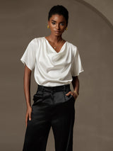 [Hvit] SilkSilky-NO Short Sleeve Cowl Neck Damebluser 004