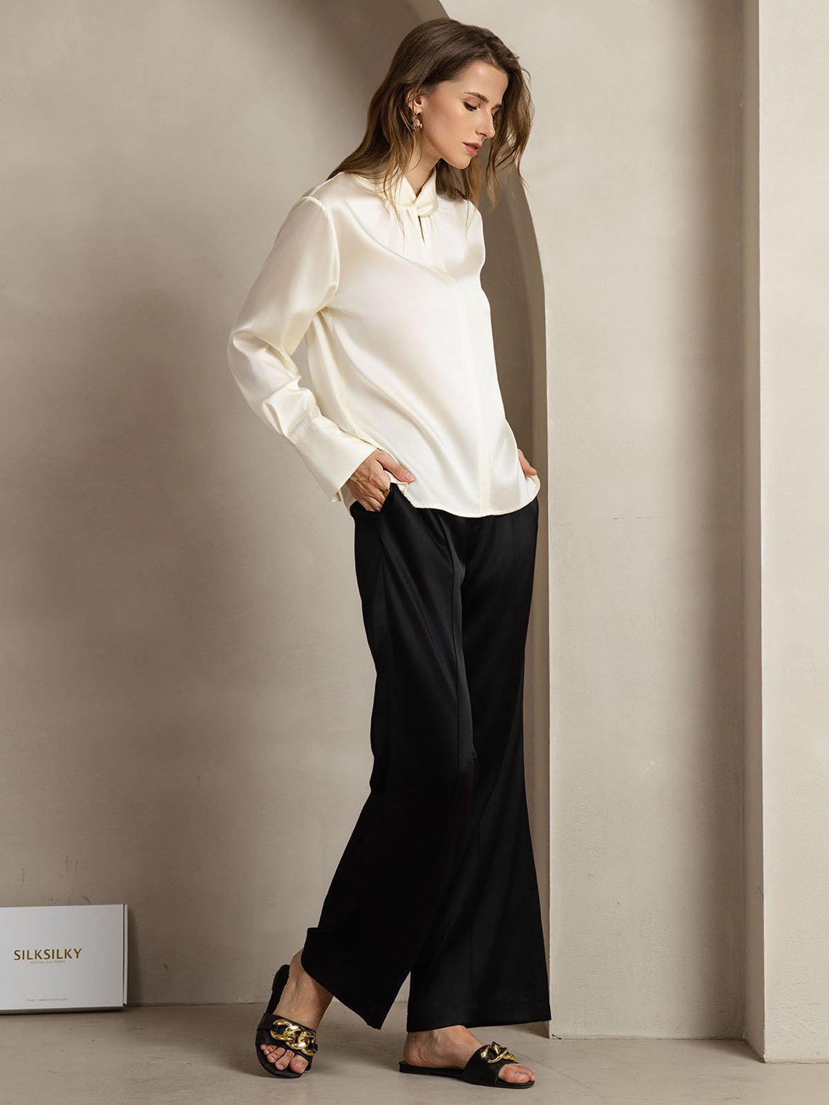 [Elfenbein] SilkSilky-NO 19Momme Silke Womens Shirt 011