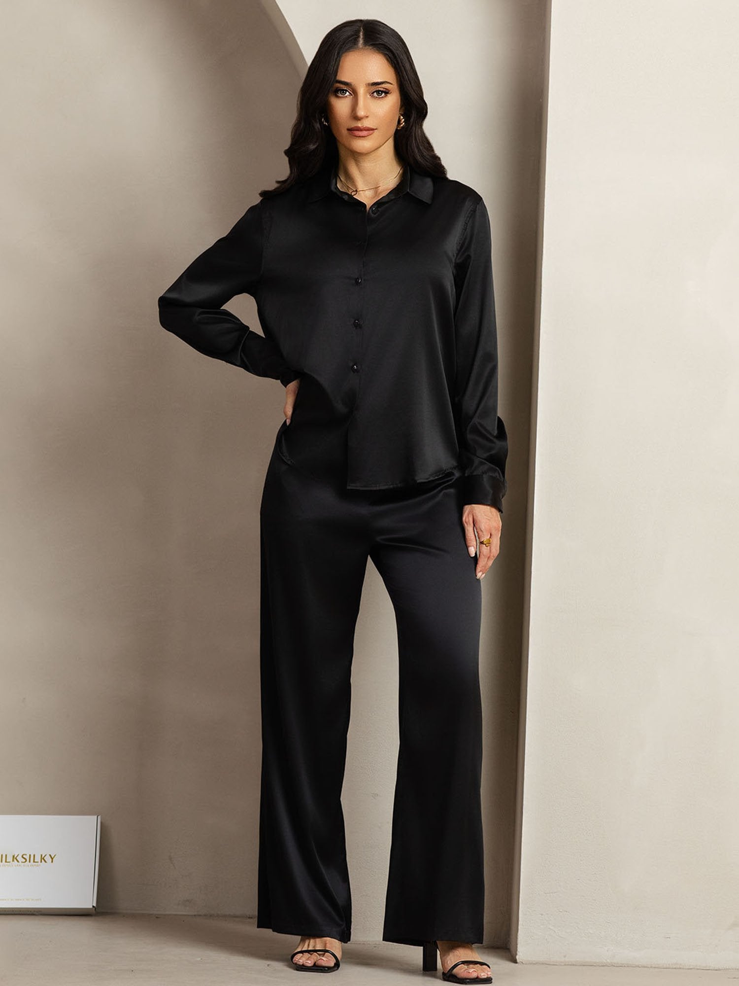 [Svart] SilkSilky-NO 19Momme Silke Lapel Collar Women''s Outfit Sets 004