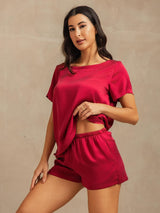 [Vin] SilkSilky-NO 19Momme Kort erm Rund Hals Pyjamas for Kvinner 007
