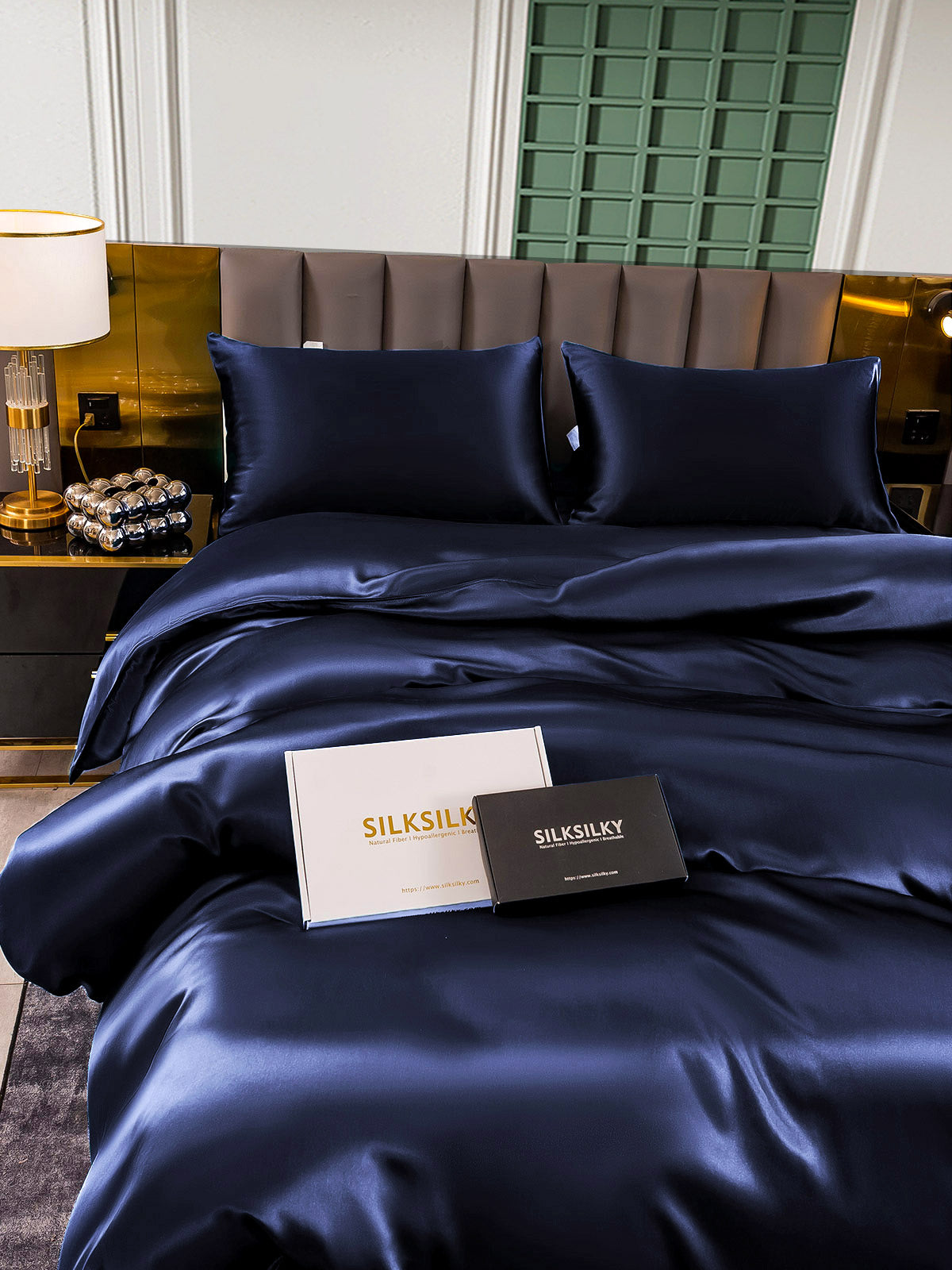 [Mørke blå] SilkSilky-NO 25Momme Bedding Set 006