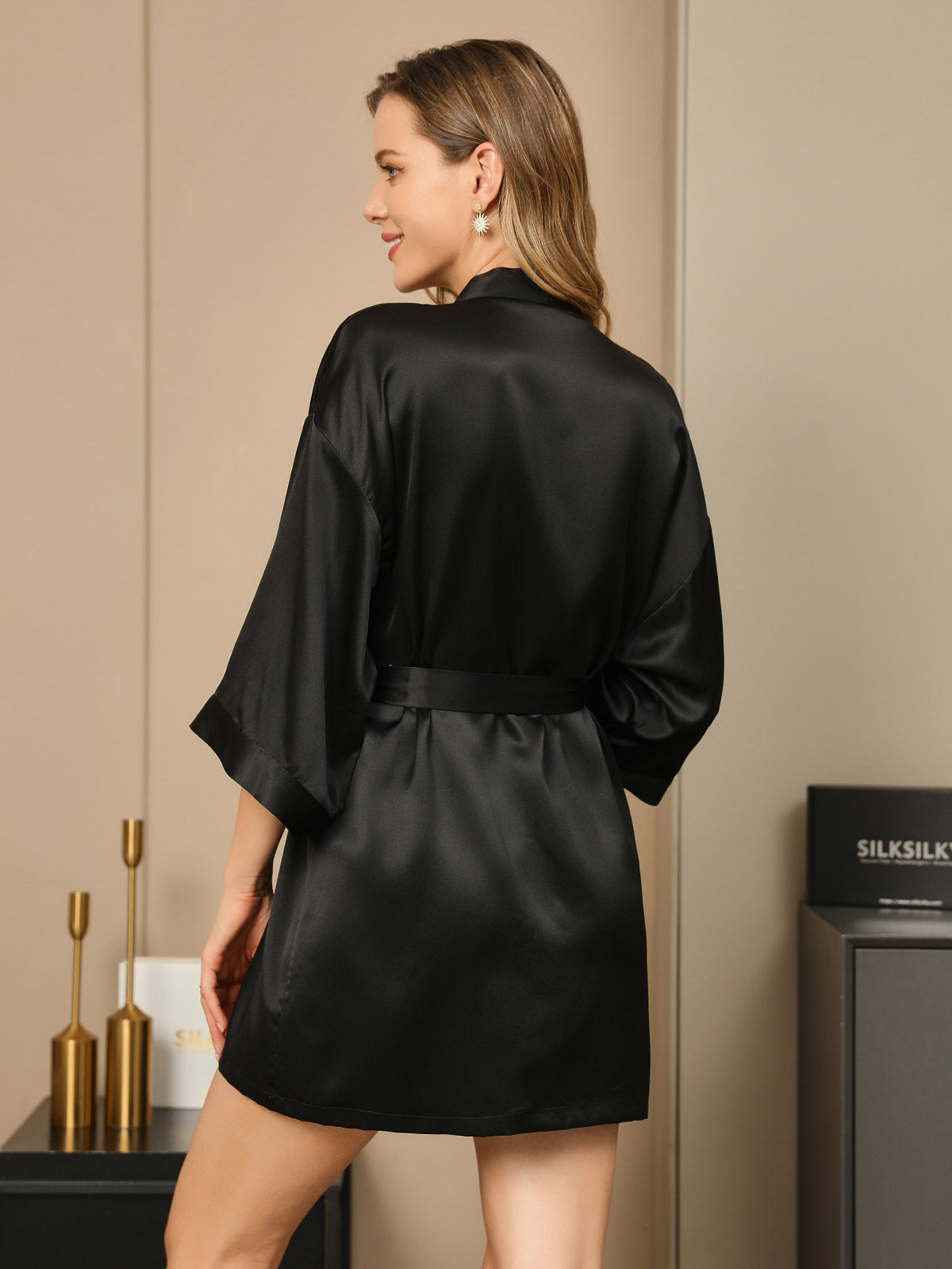 [Svart] SilkSilky-NO Pure Silk Half Sleeve Womens Robe 005