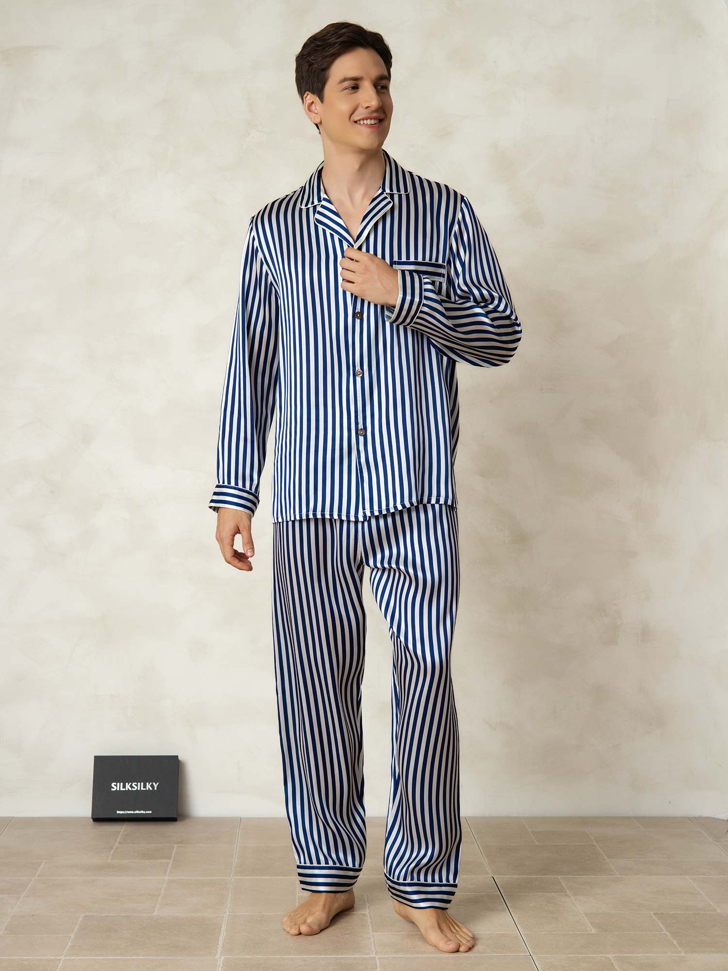 [Marine Stripe] SilkSilky-NO 19Momme Mens Pajamas 003