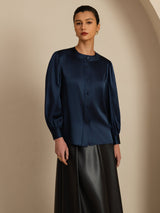 [Mørke blå] SilkSilky-NO 19Momme Long Sleeve Round Neck Bluse 003