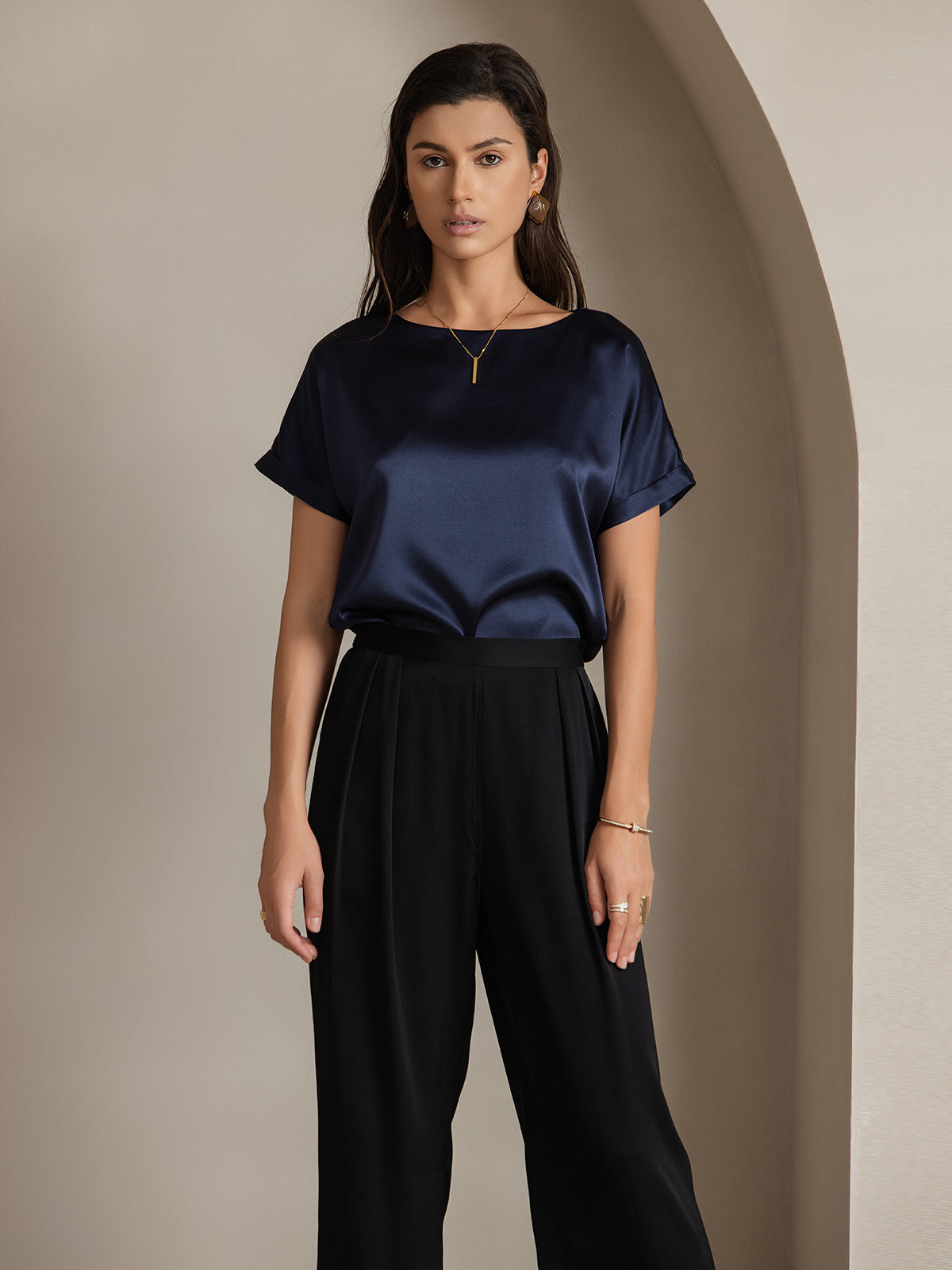 [Mørke blå] SilkSilky-NO 19Momme Silke Womens T-Shirt 001,