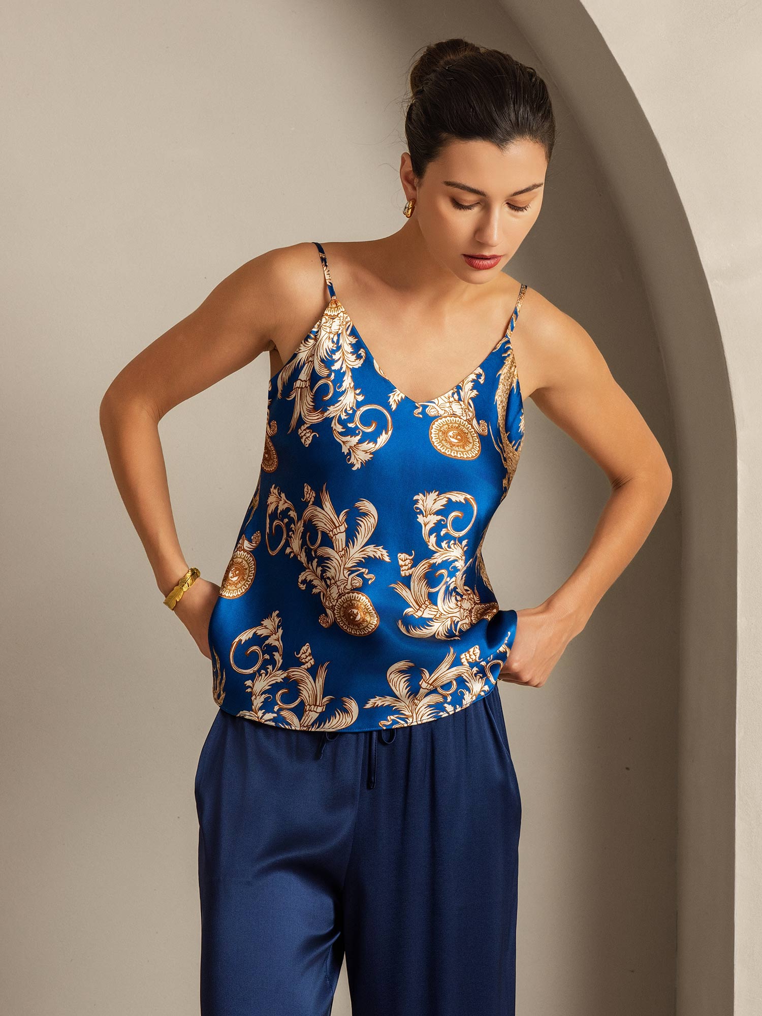 [Navy Drage] SilkSilky-NO V-Hals Camisole Topp 007