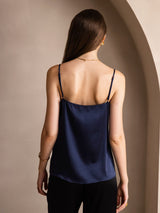 [Mørke blå] SilkSilky-NO 19Momme Spaghetti Stropp Dyp Rund Halsutringning Camisole Topp 002
