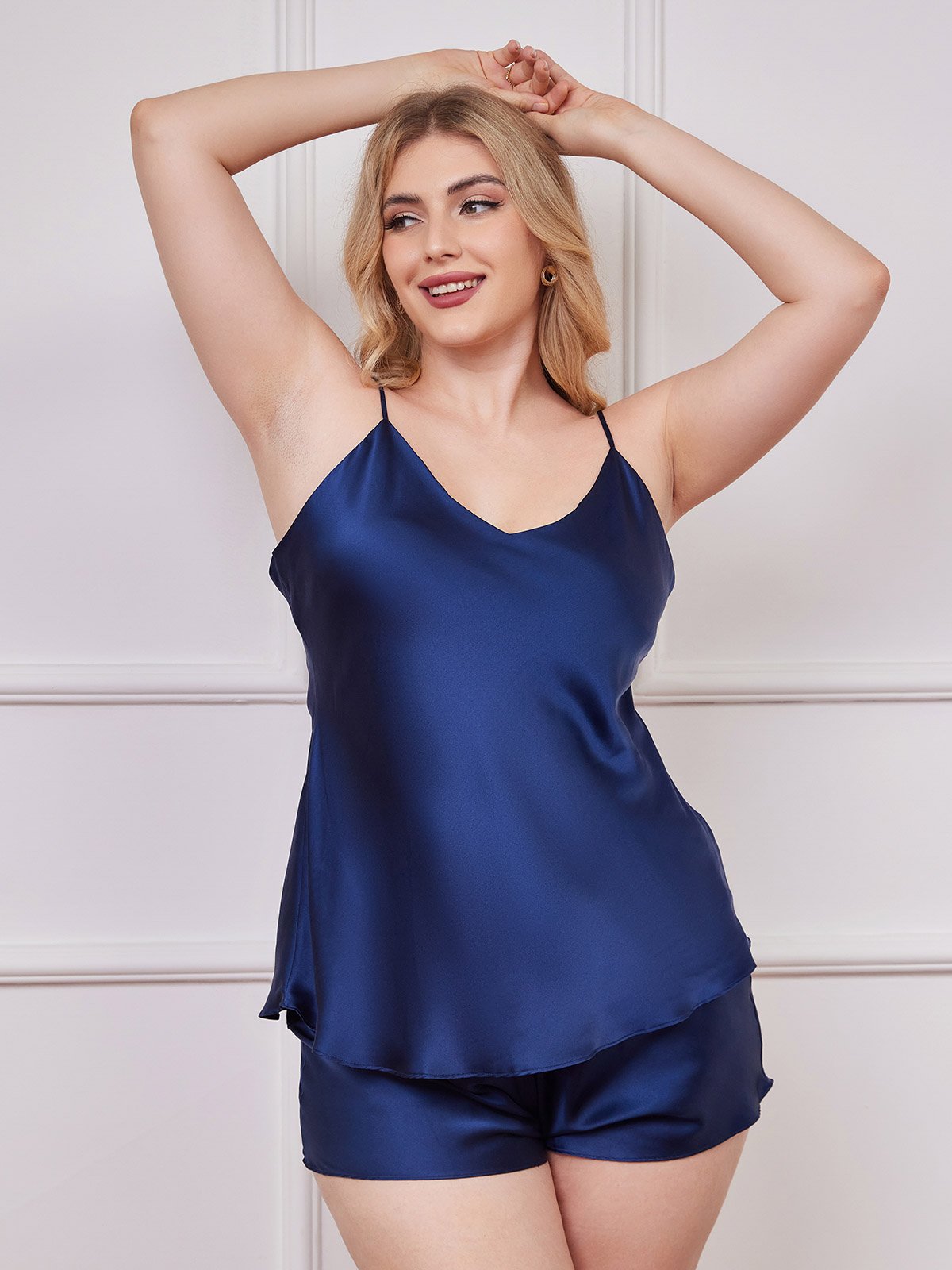 [Mørke blå] SilkSilky-NO Pure Silk V-Hals Plus Size Camisole Set 003