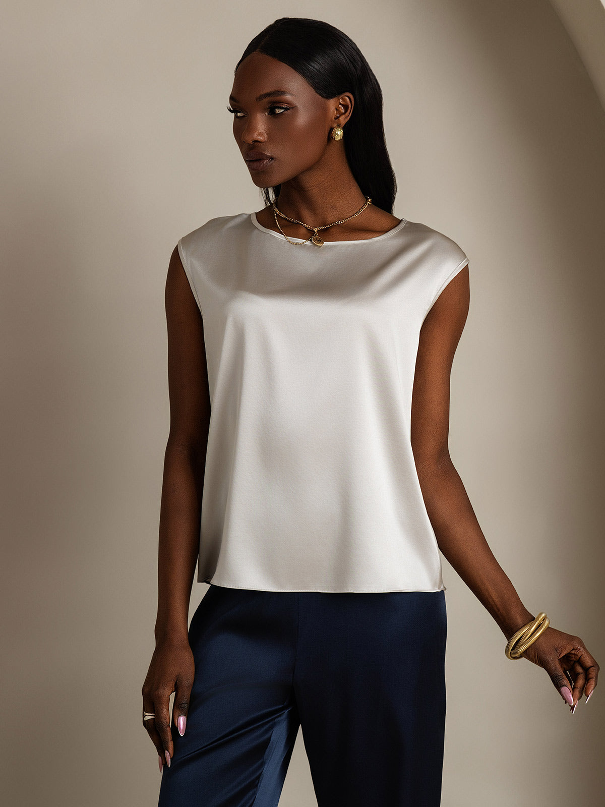 [Lysegrå] SilkSilky-NO 19Momme Silke Womens T-Shirt 004