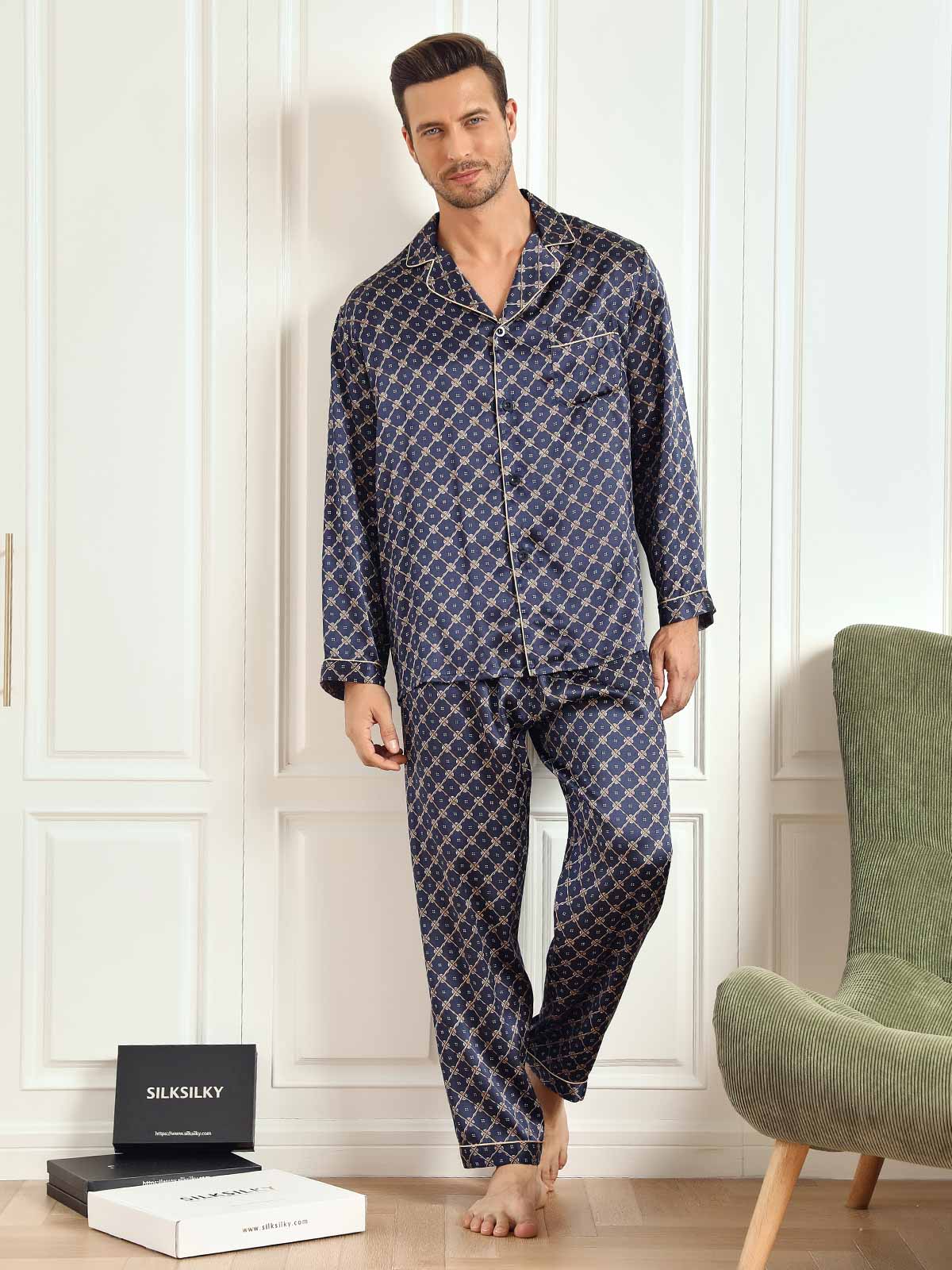 [Marine Kjede] SilkSilky-NO Long Sleeve Lapel Collar Pyjamas for menn 002