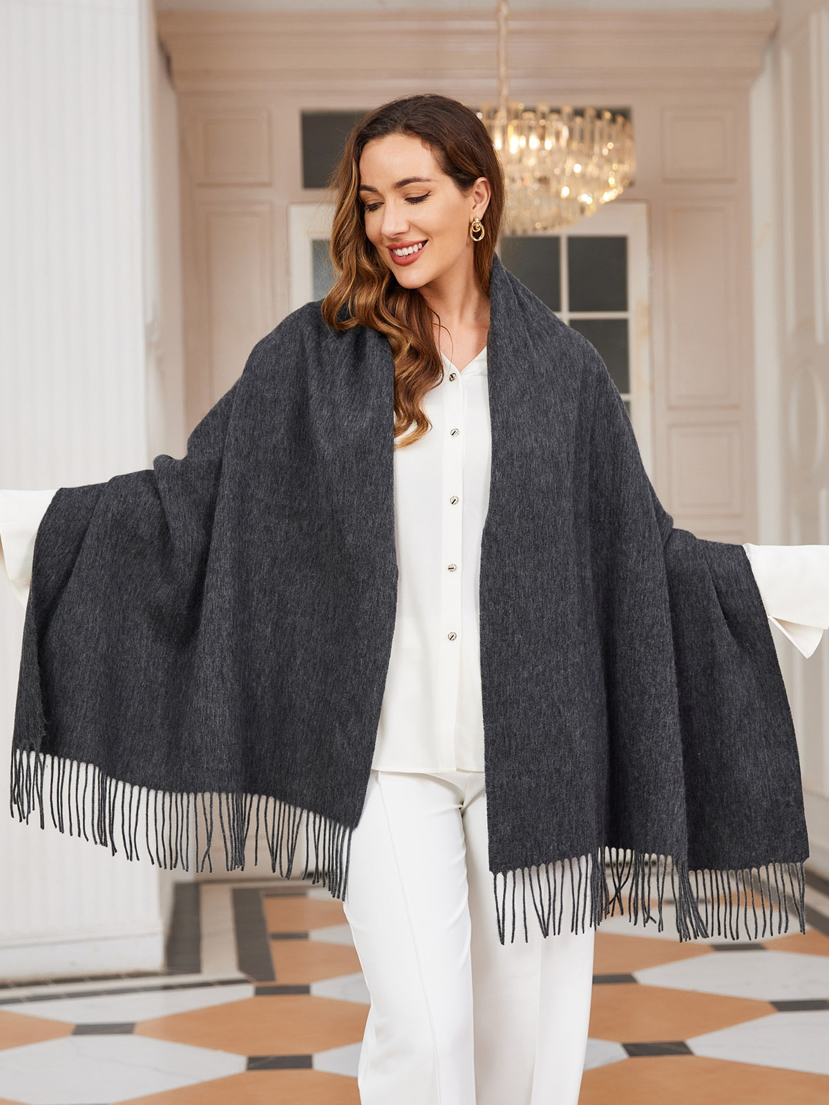 [Mørkegrå] SilkSilky-NO Ull Scarf 003