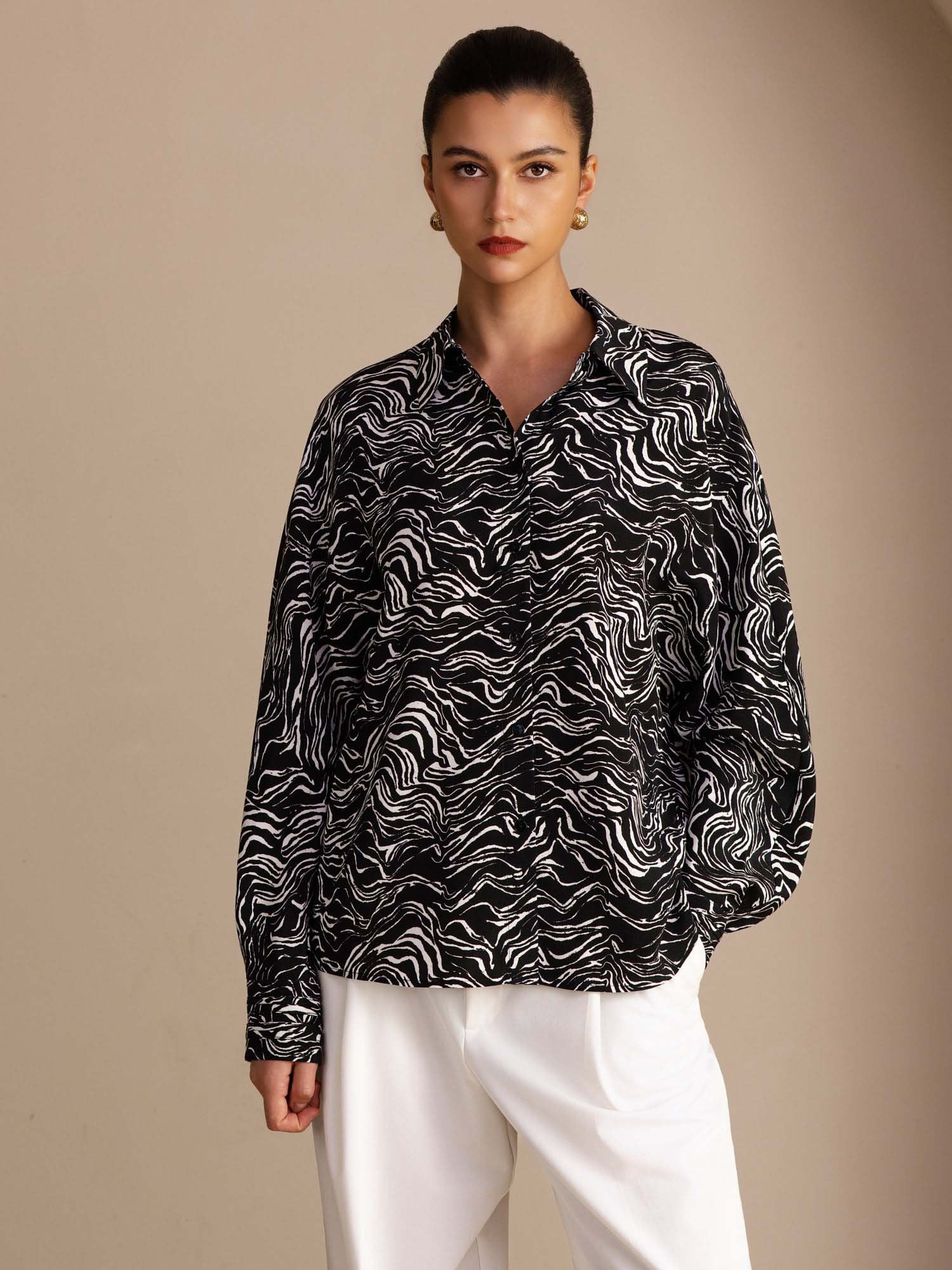 [Sort Bølge] SilkSilky-NO Long Sleeve Lapel Collar Skjorte for Kvinner 001