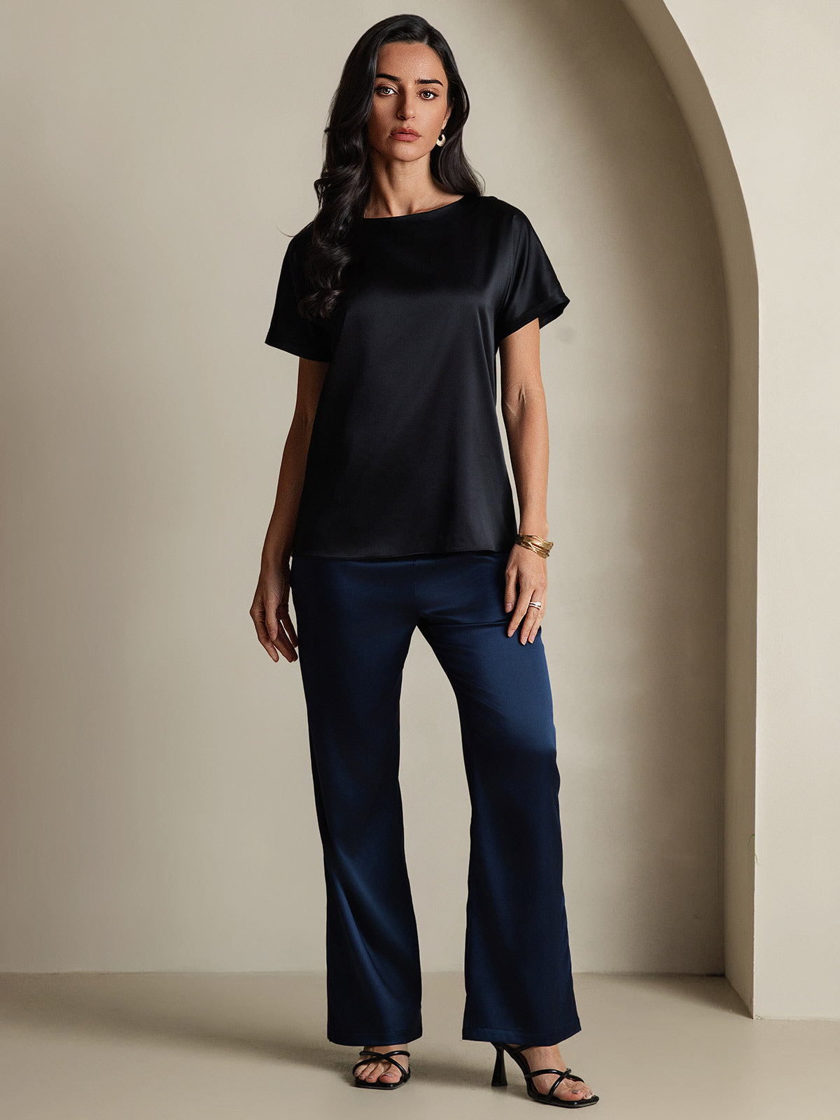 [Svart] SilkSilky-NO 19Momme Silke Womens T-Shirt 006,