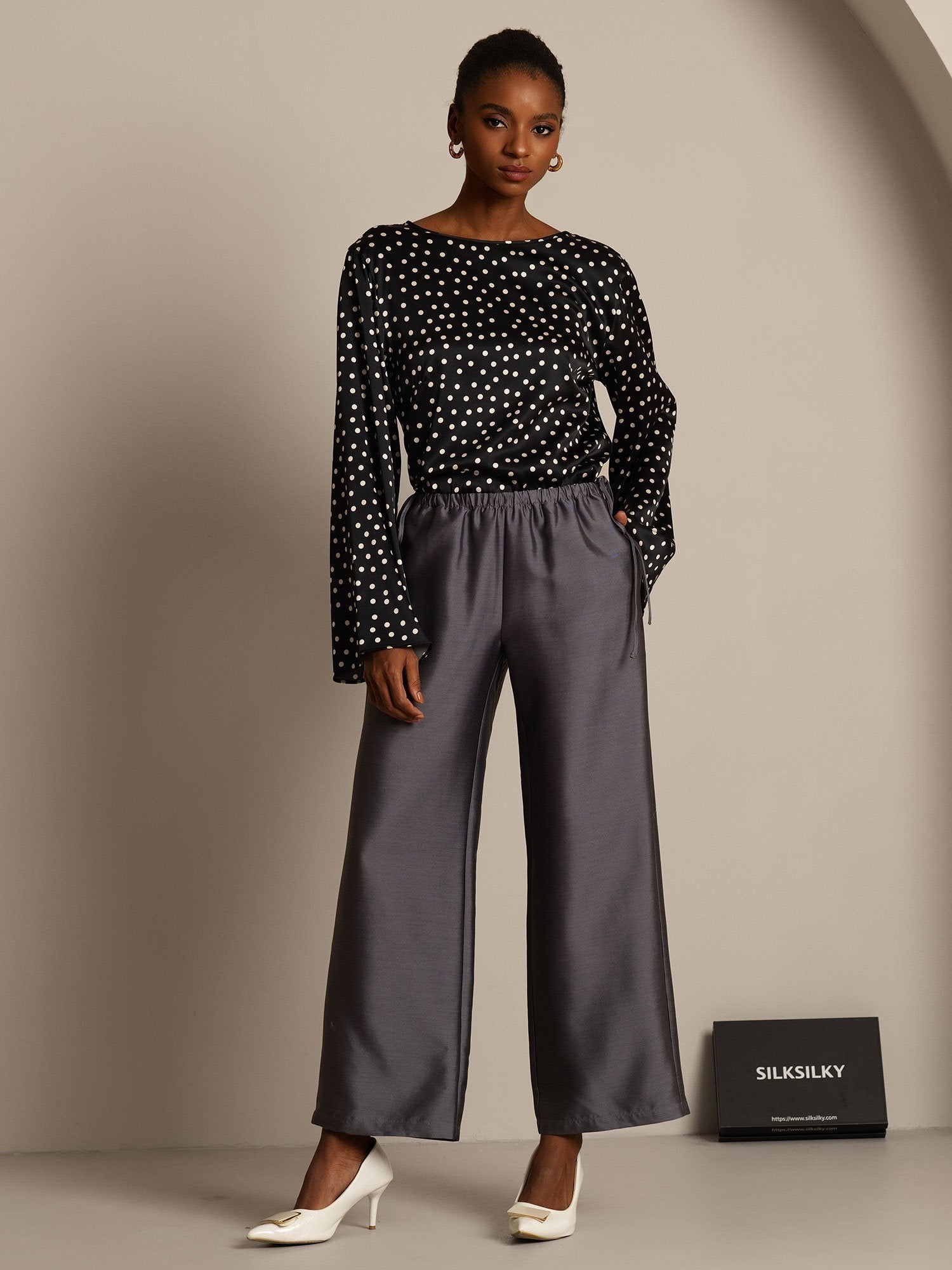 [Grå] SilkSilky-NO 32Momme Silk-Wool Blend Womens Pants 003,