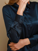 [Mørke blå] SilkSilky-NO Long Sleeve Lapel Collar Skjorte for Kvinner 005