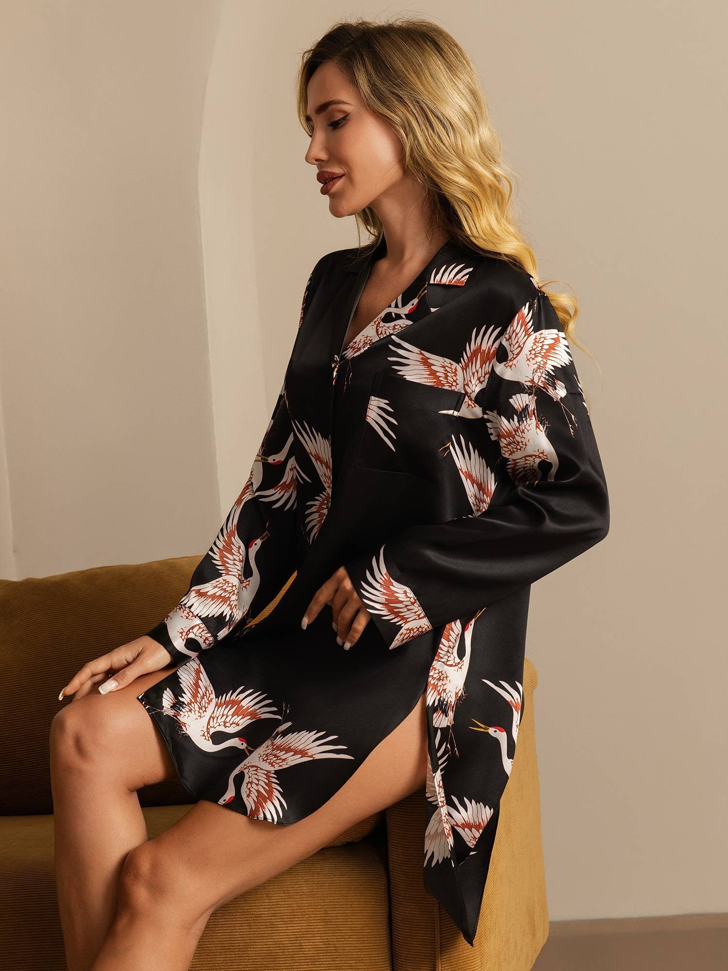 [Svart] SilkSilky-NO 19Momme Silke Nightshirt 007,