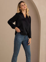 [Svart] SilkSilky-NO Long Sleeve Wrap Damebluser 004