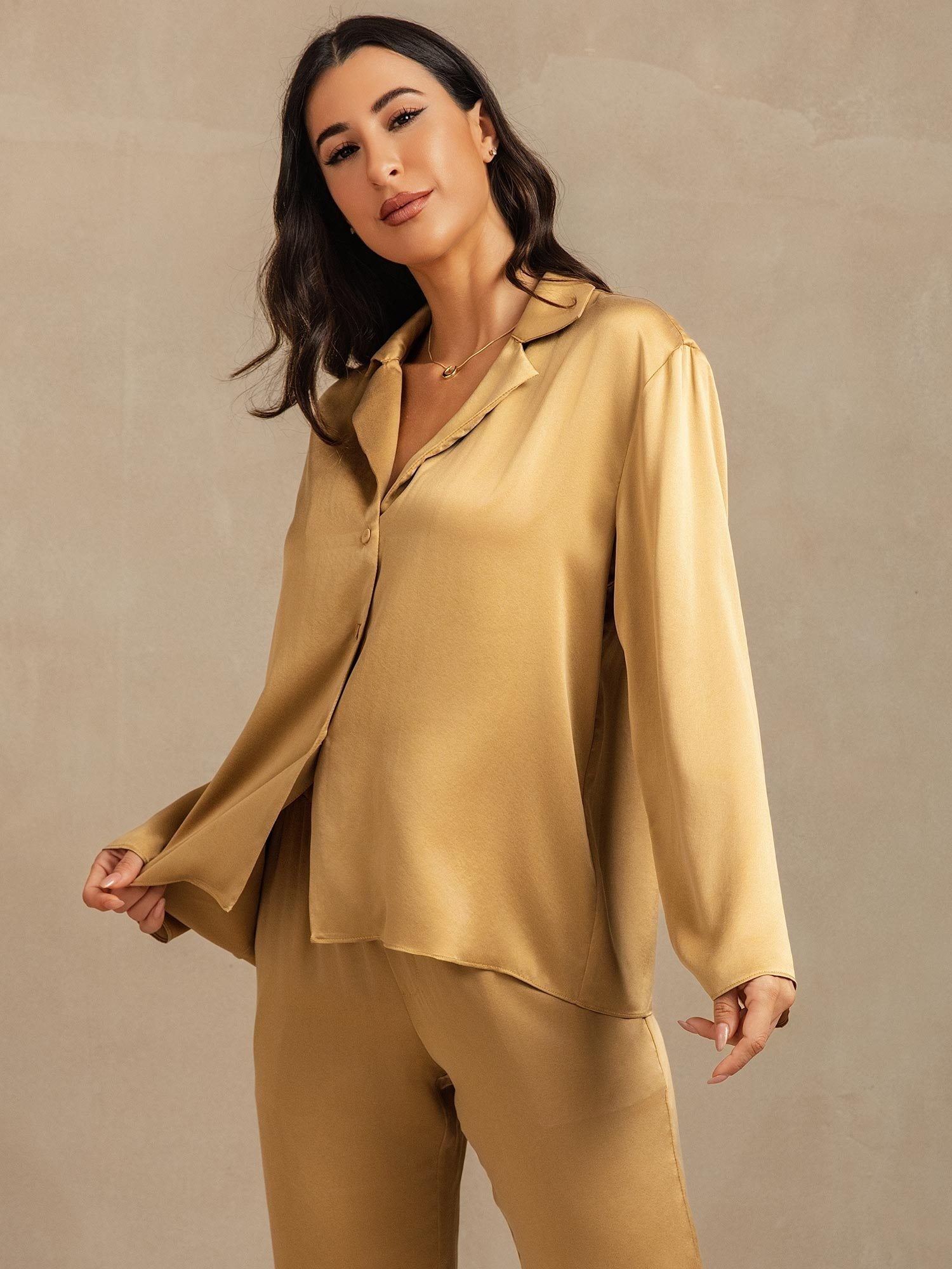 [Tan] SilkSilky-NO 19Momme Silke Womens Pajamas 008