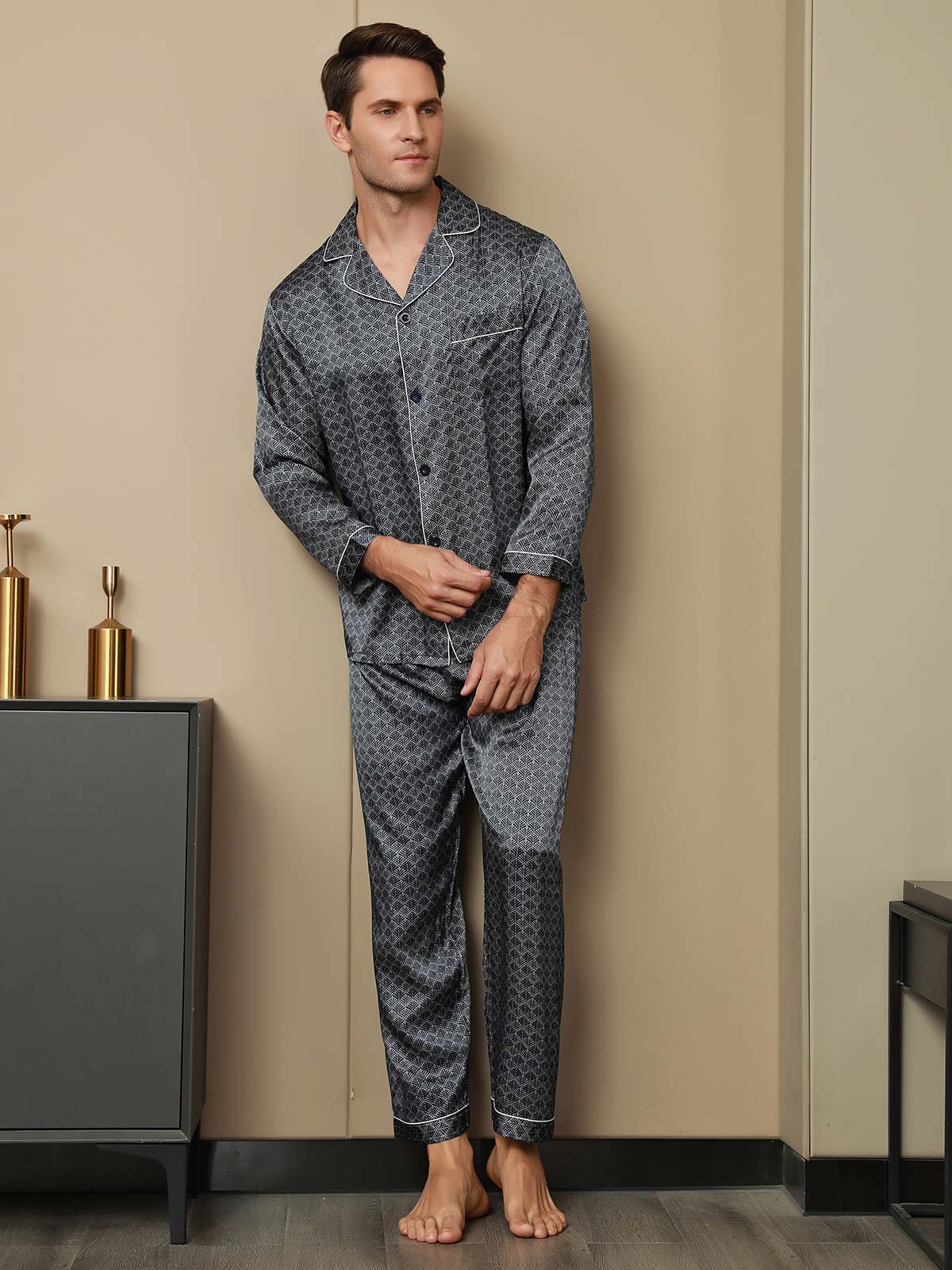 [Marine Ginkgo] SilkSilky-NO 19Momme Mens Pajamas 004
