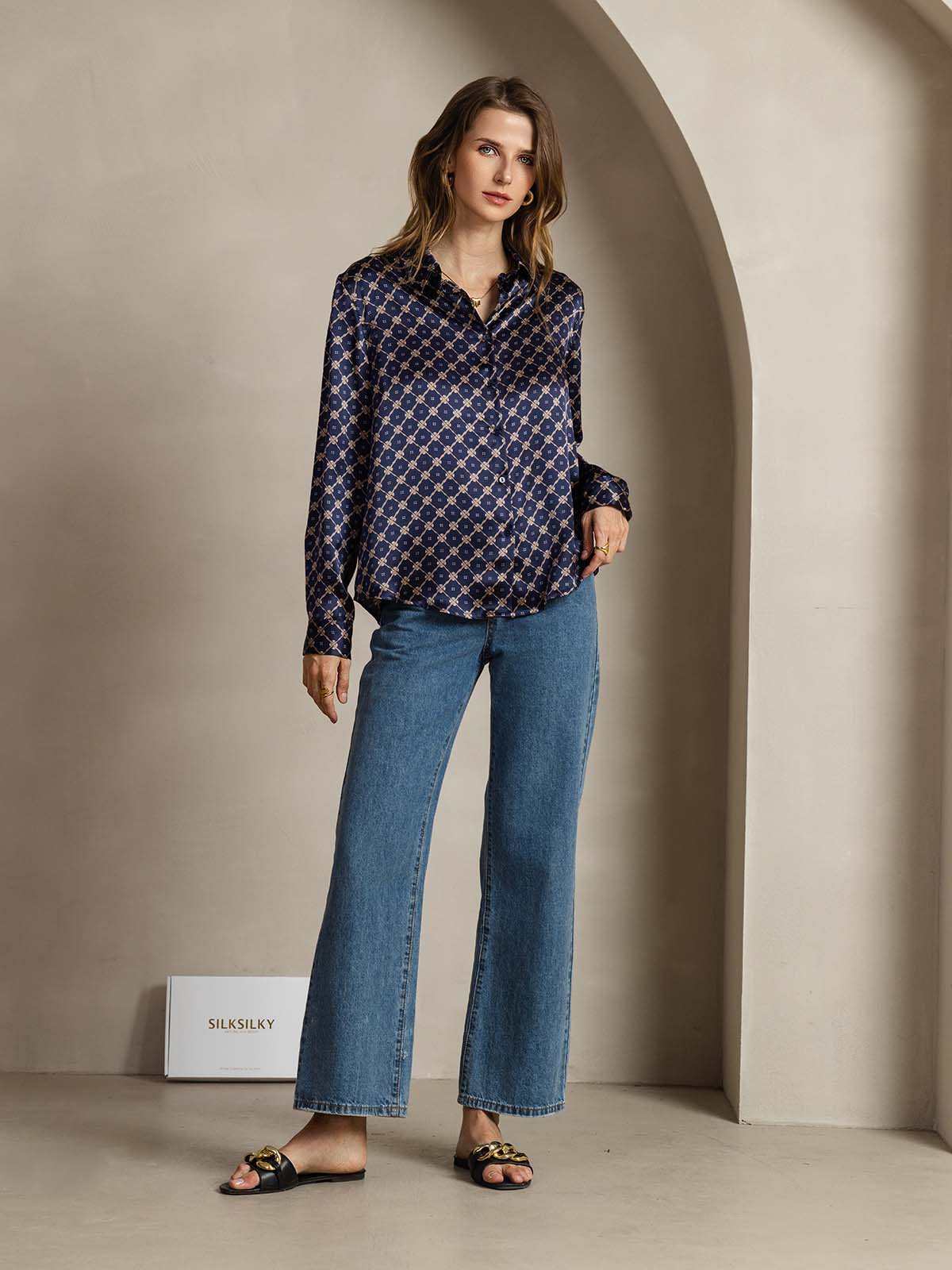 [Marine Kjede] SilkSilky-NO Silke Lapel Collar Skjorte for Kvinner 003