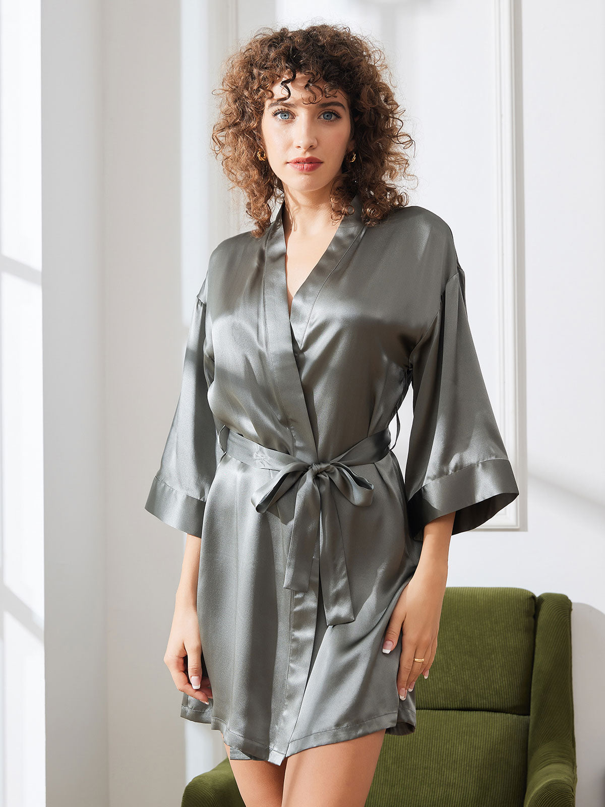 [Grågrønn] SilkSilky-NO Pure Silk Half Sleeve Womens Robe 004