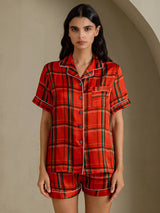 [Rødt Rutemønster] SilkSilky-NO Short Sleeve Notch Collar Pyjamas for Kvinner 001