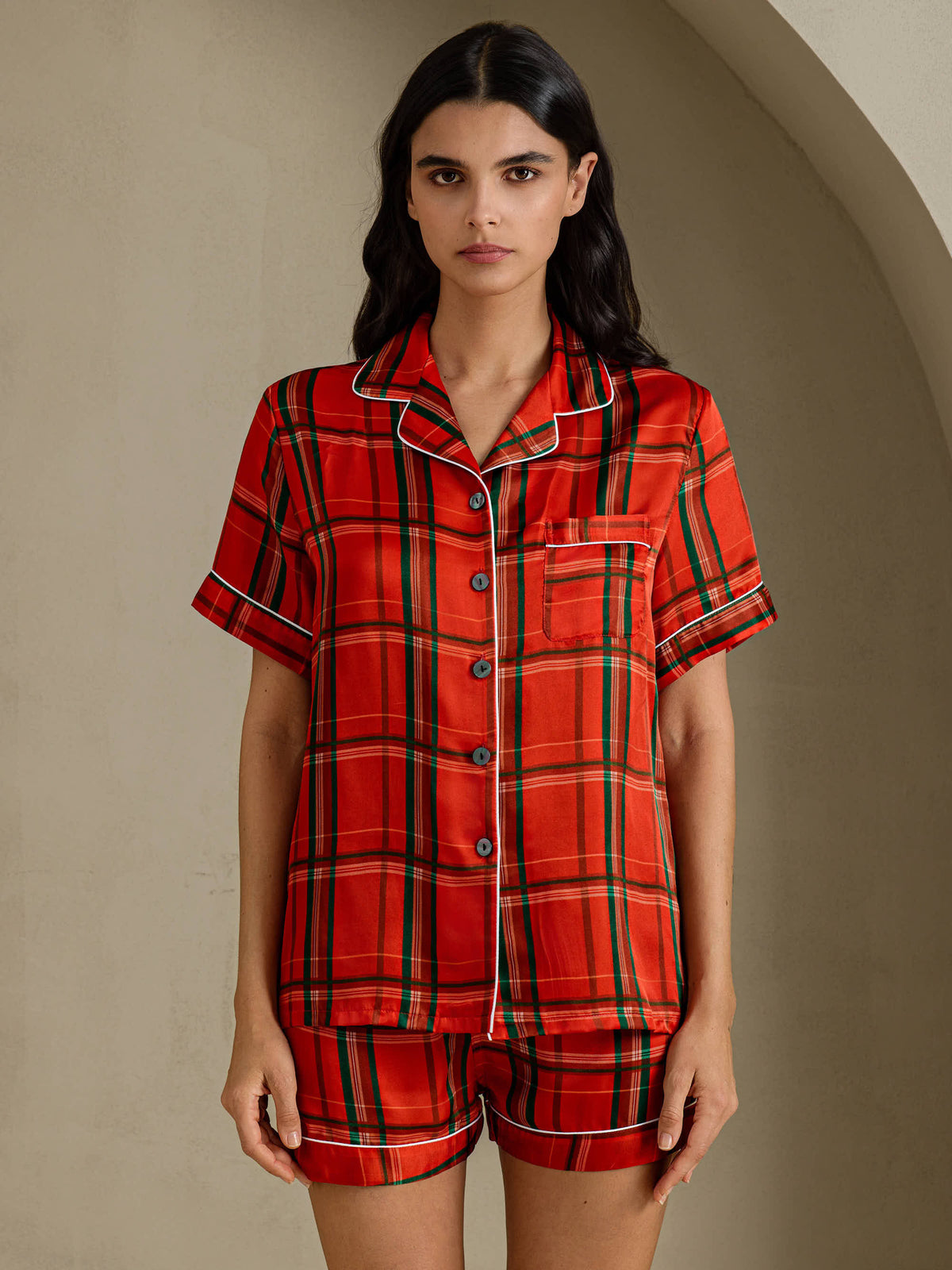 [Rødt Rutemønster] SilkSilky-NO Short Sleeve Notch Collar Pyjamas for Kvinner 001