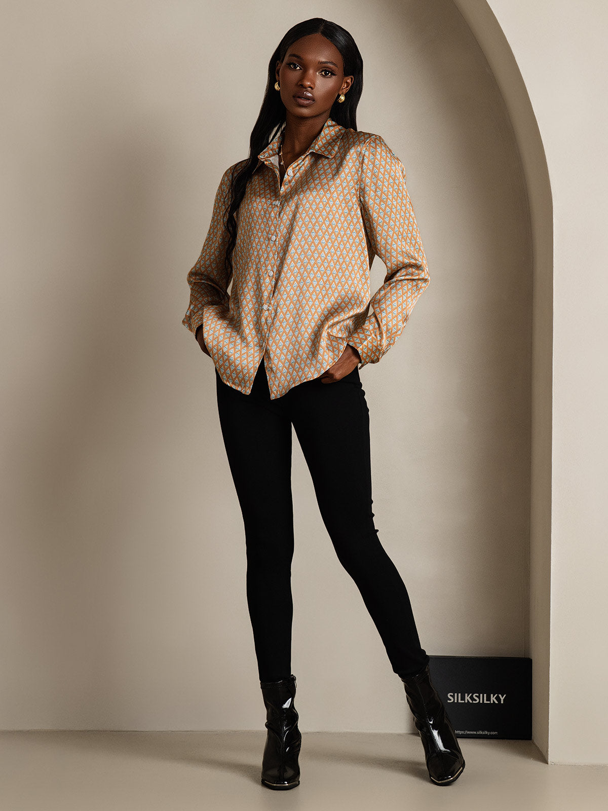 [Floral] SilkSilky-NO Silke Lapel Collar Skjorte for Kvinner 007