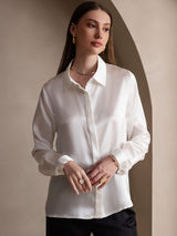 [Hvit] SilkSilky-NO Long Sleeve Lapel Collar Skjorte for Kvinner 003