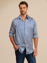 [Marine Stripe] SilkSilky-NO 19Momme Langermet Slagkrage Skjorte for Menn 005