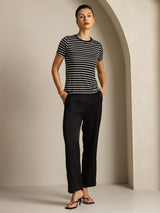[Svart Stripe] SilkSilky-NO Short Sleeve Crew Neck T-skjorte for Kvinner 006