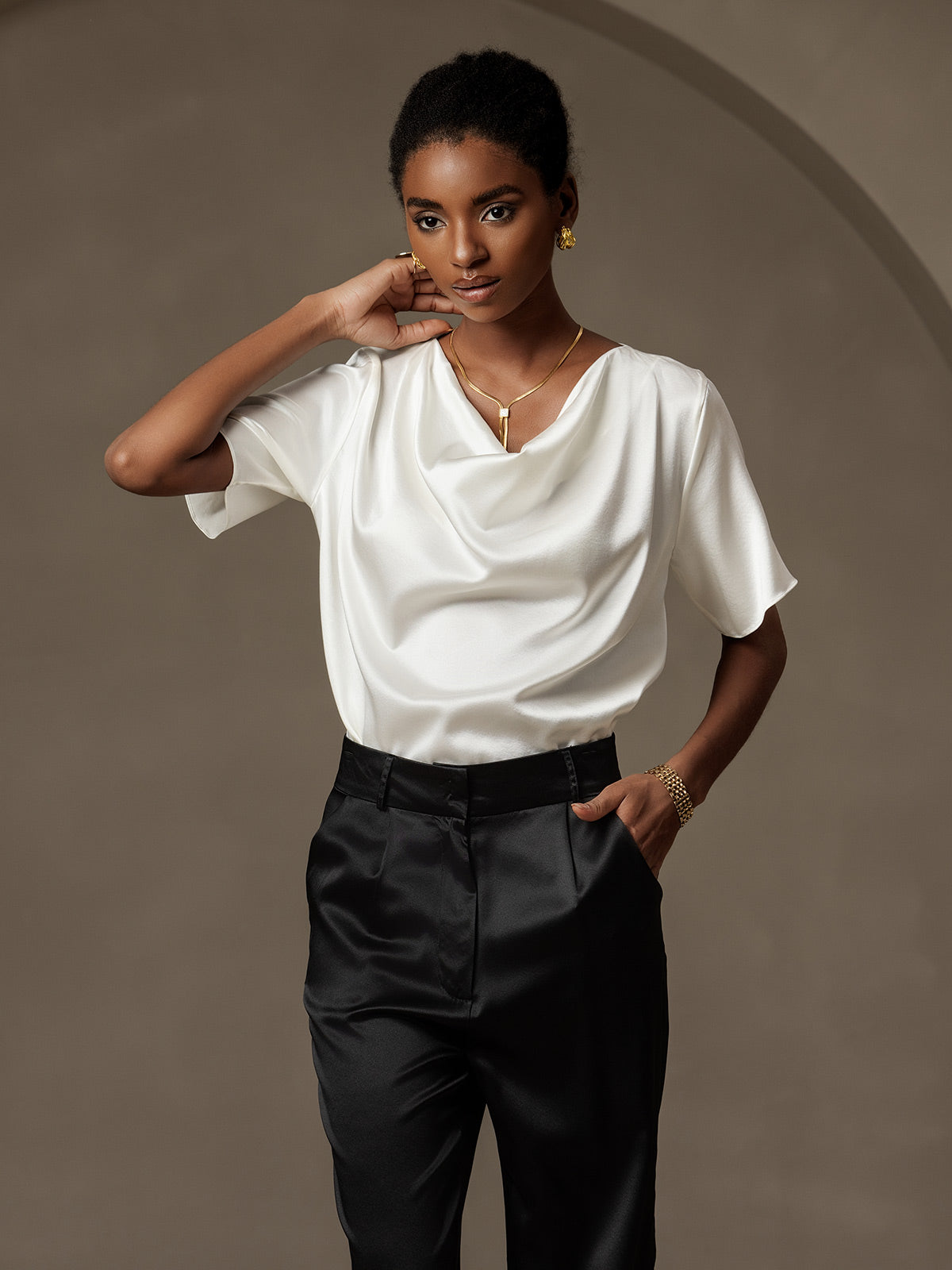 [Hvit] SilkSilky-NO 19Momme Silke Womens T-Shirt 005