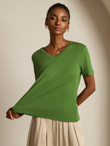 [Grønn] SilkSilky-NO Short Sleeve V Neck T-skjorte for Kvinner 006