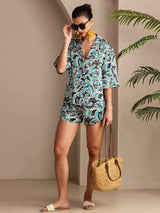 [Teal Botanisk] SilkSilky-NO Short Sleeve Notch Collar Pyjamas for Kvinner 006