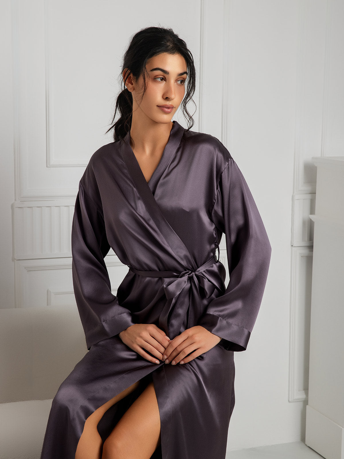 [Lilla Grå] SilkSilky-NO Wrap Morgenkåpe for Kvinner 006