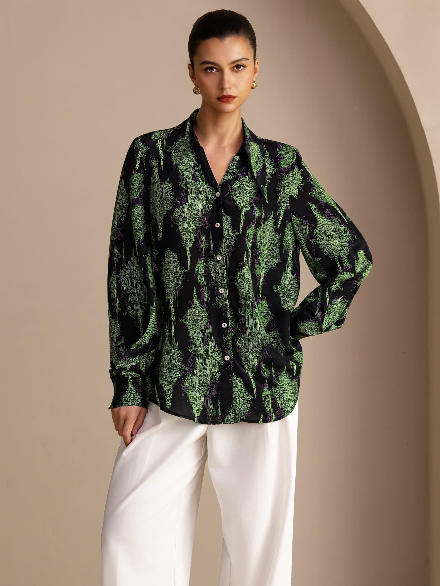 [Sort Mose] SilkSilky-NO Long Sleeve Lapel Collar Bluse 001