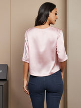 [Rosa] SilkSilky-NO Halv erme Dyp Rund Halsutringning T-skjorte for Kvinner 002