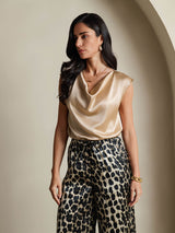[Champagne] SilkSilky-NO Cap Sleeve Cowl Neck T-skjorte for Kvinner 005