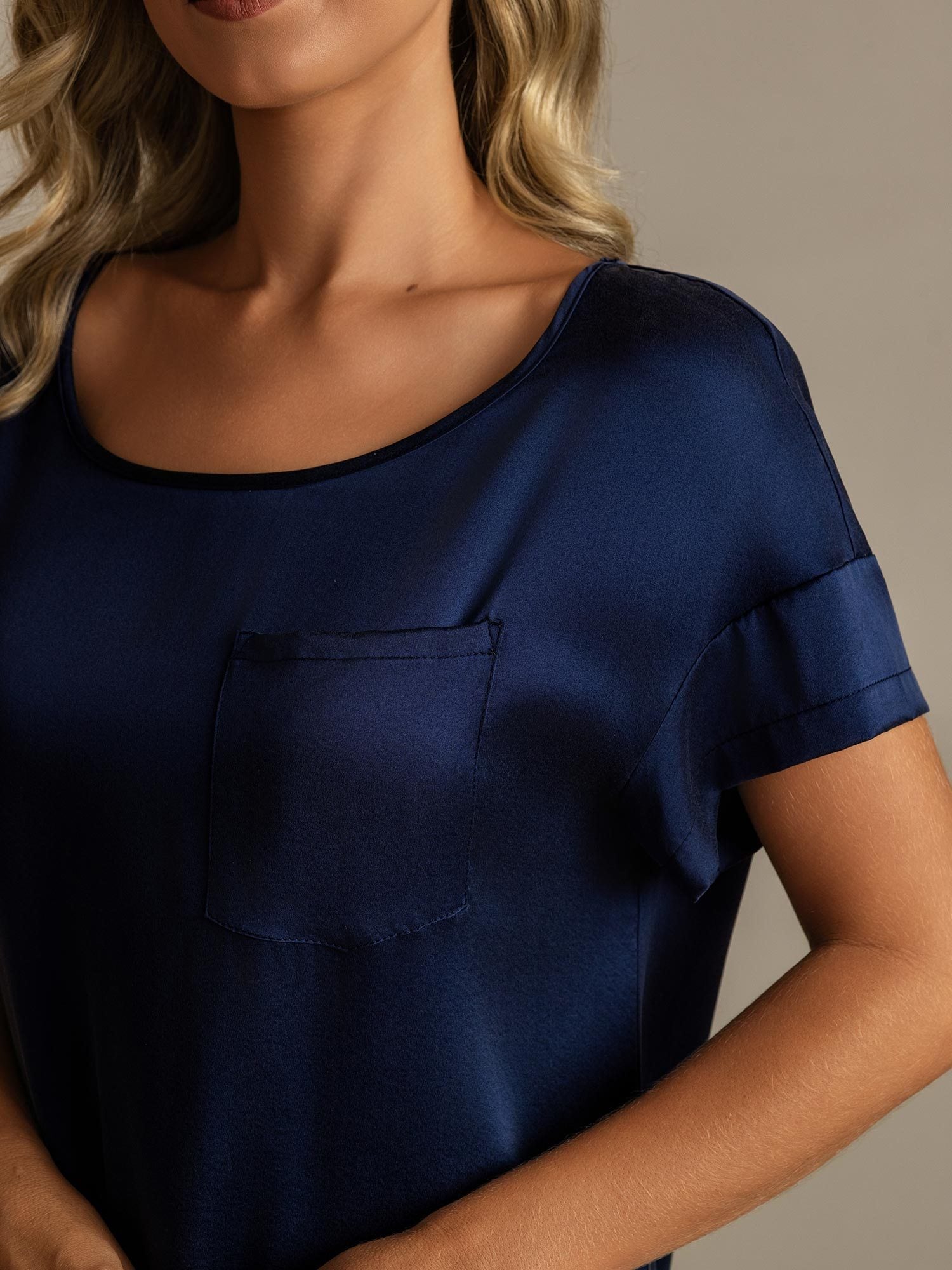 [Mørkeblå] SilkSilky-NO 19Momme Silke Nightgown 004