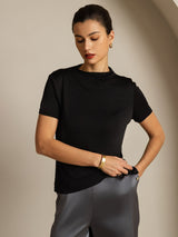 [Svart] SilkSilky-NO 100% Silk Jersey Short Sleeve Falsk Krage T-skjorte for Kvinner 006