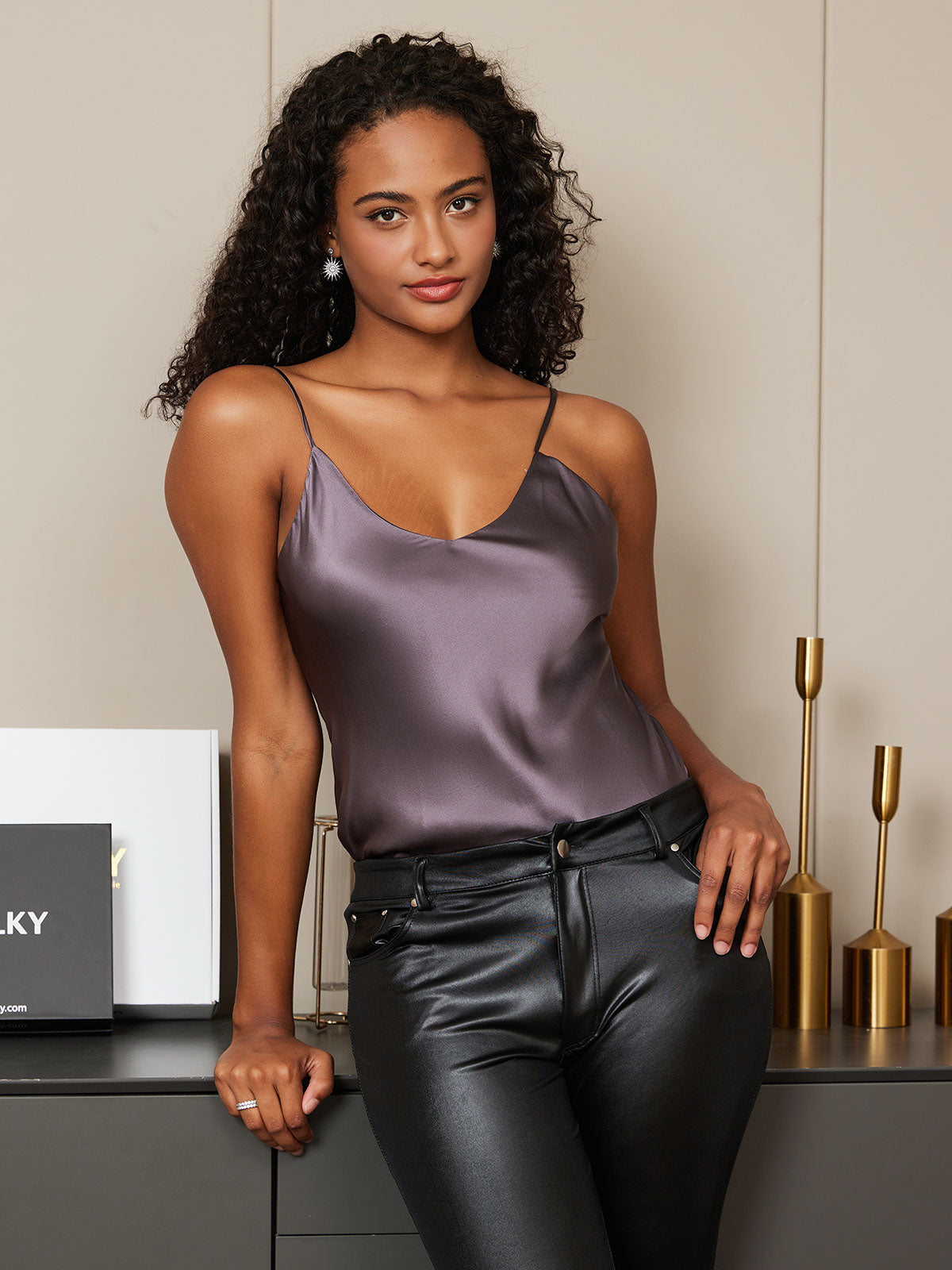 [Lilla Grå] SilkSilky-NO V-Hals Camisole Topp 004