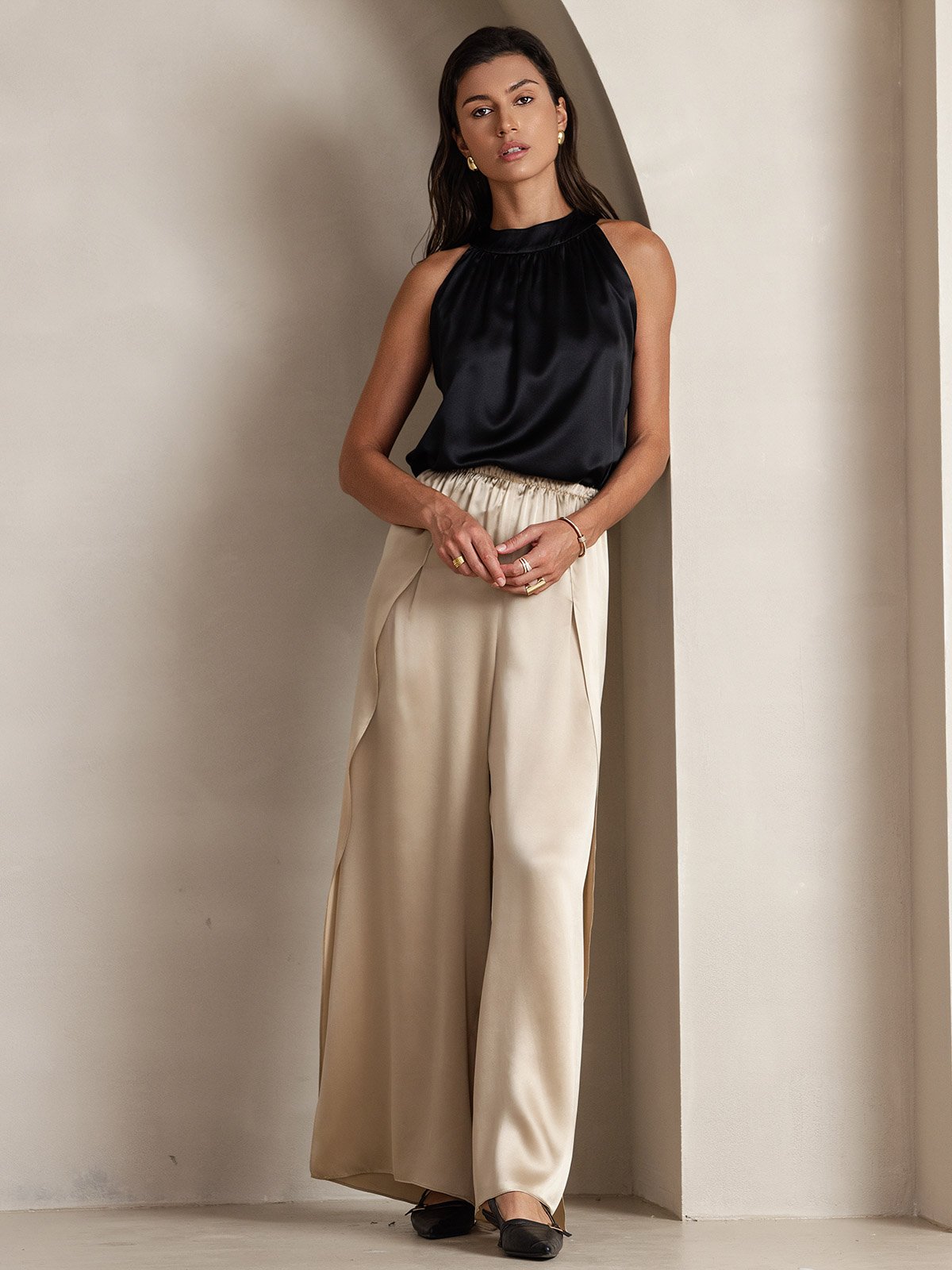 [Svart] SilkSilky-NO 19Momme Silke Womens T-Shirt 004