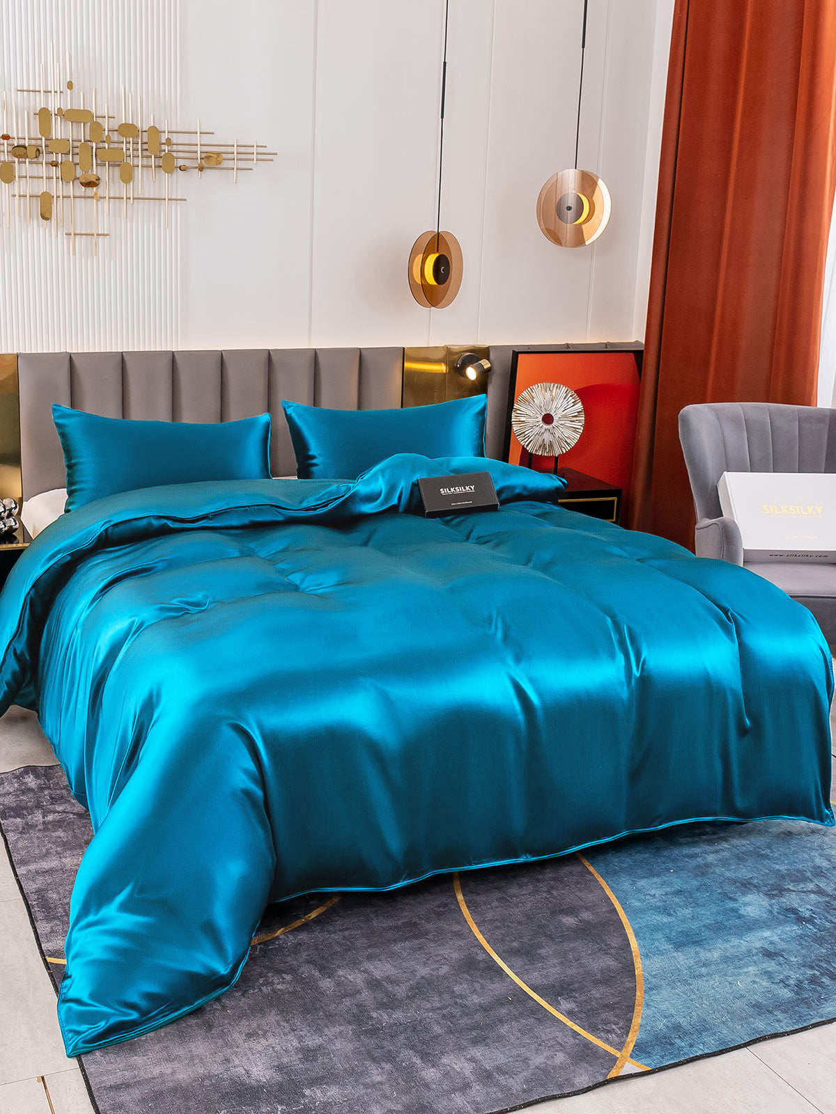 [Blågrønn] SilkSilky-NO 19Momme Bedding Set 004