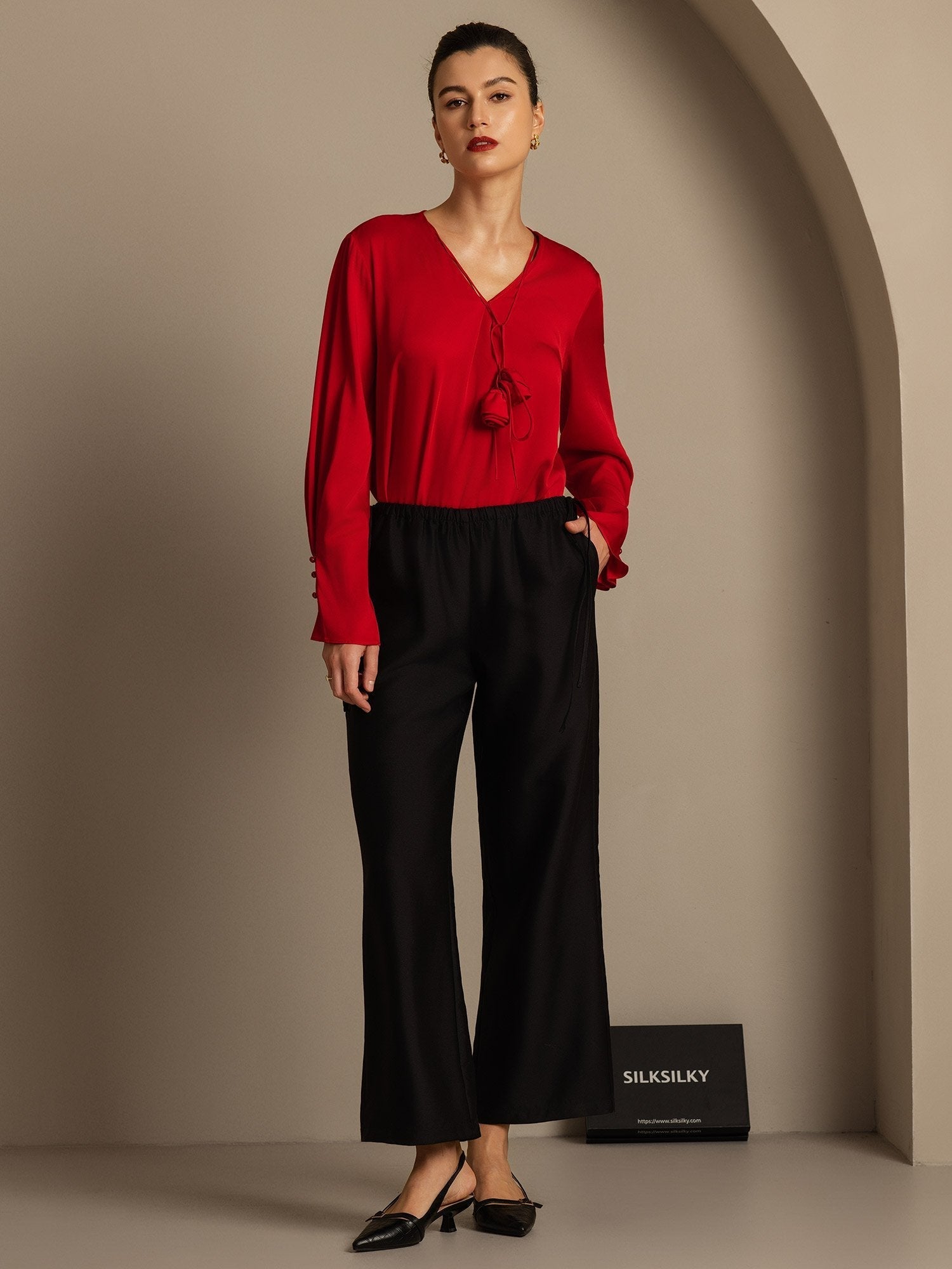 [Svart] SilkSilky-NO 32Momme Silk-Wool Blend Womens Pants 007,